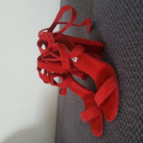 Steve Madden Cosmic Red Suede Chunky Lace Up Heels - Picture 1 of 6
